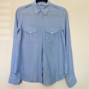 Vince Striped Button Up Double Pocket Cotton Blouse